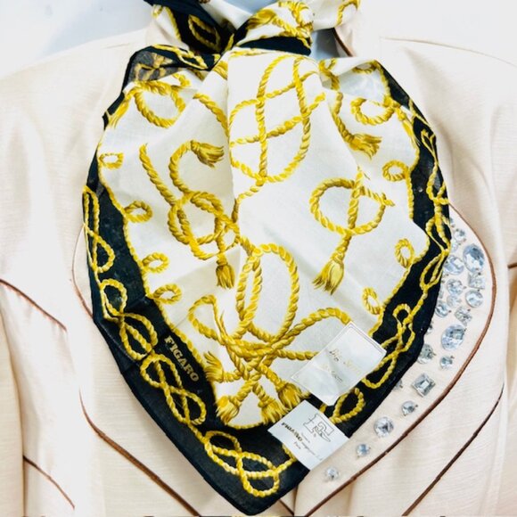 New T FIGARO Paris (Big Series) Mini Scarf Cotton/Slk 22" White Black Yellow(81) - Picture 7 of 7